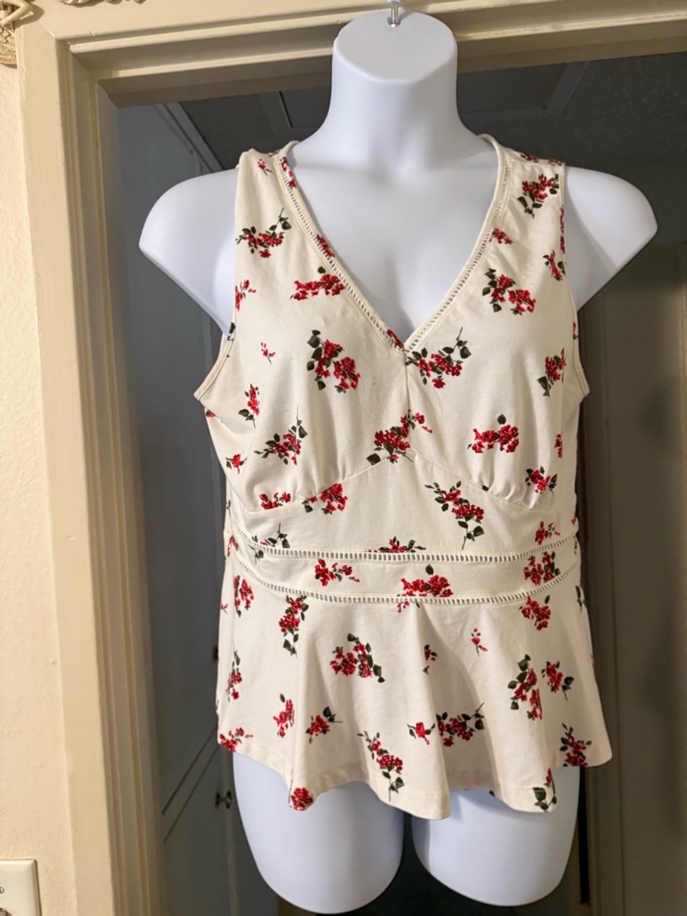 Lands' End Cream Peplum Camisole with Red Floral Print